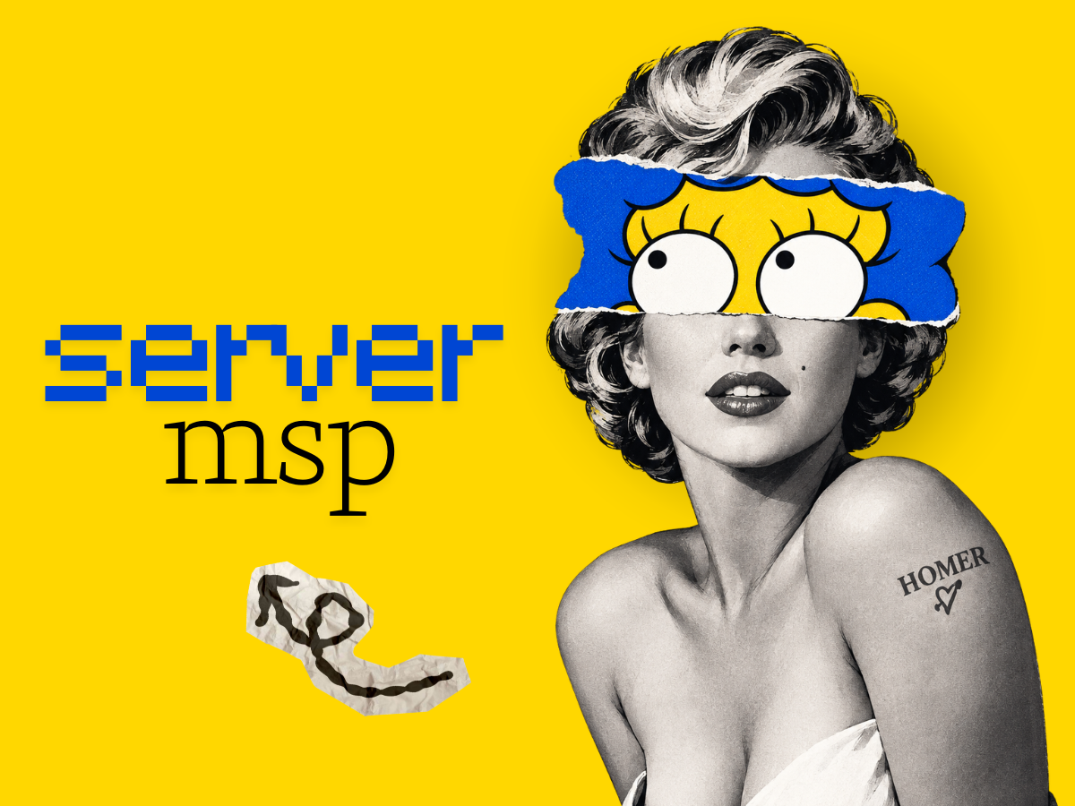Жёлтая обложка с надписью server msp и чёрно-белым портретом с мультяшными глазами